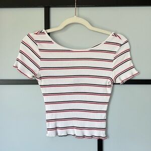 [L] Forever 21 White Ribbed Crop Top With Blue & Red Stripes Independence Day